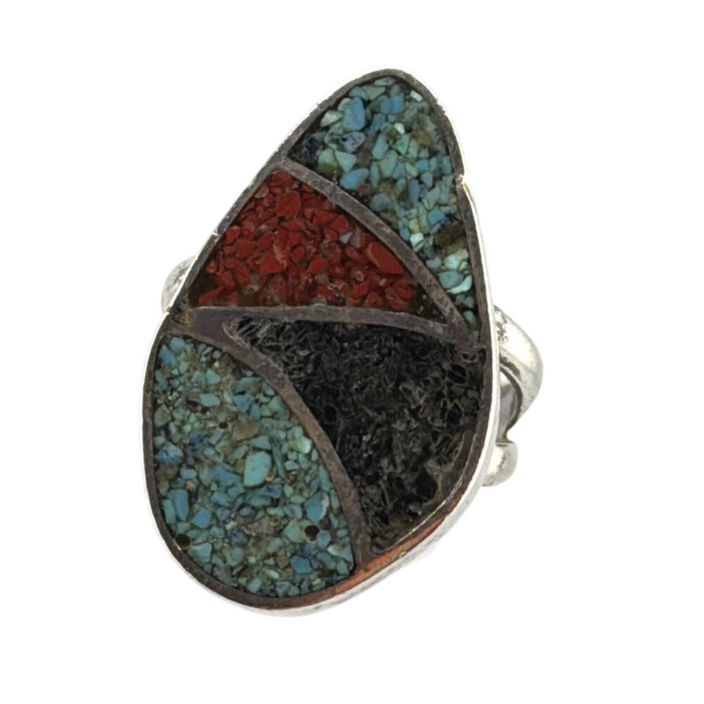 Vintage Navajo Sterling Silver Teardrop Crushed Inlay Ring 7